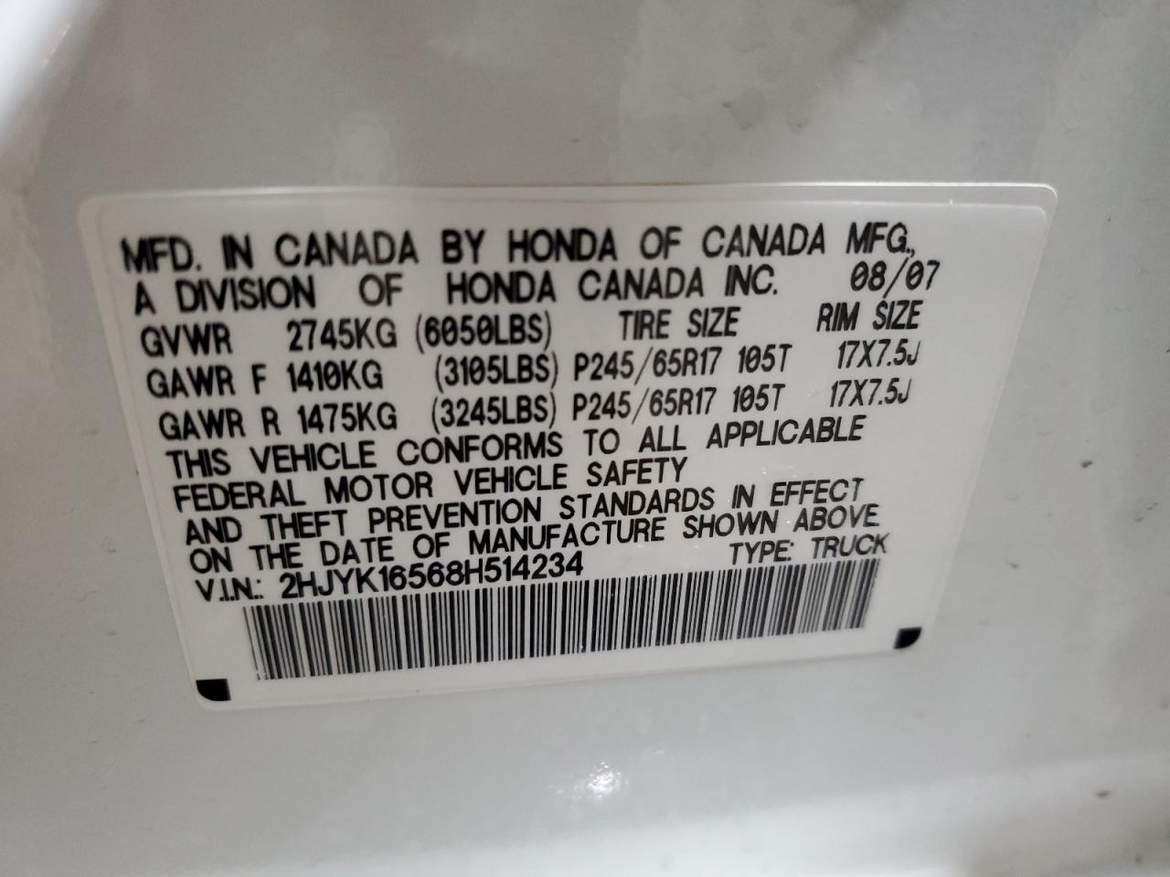 2008 Honda Ridgeline VIN 2HJYK16568H514234 Copart auction photo, all over damage thumbnail 13