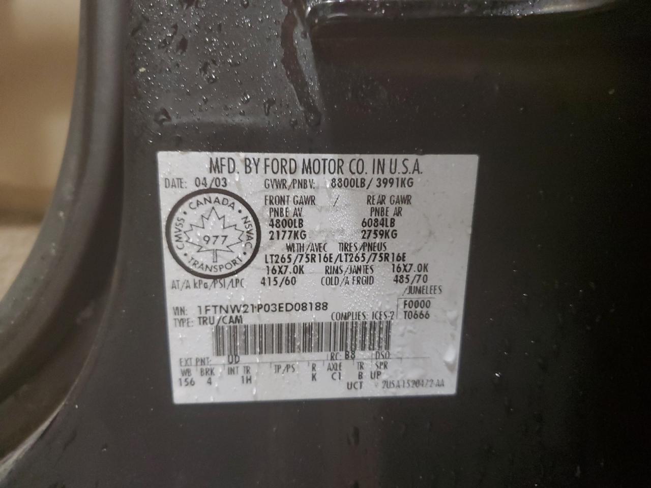 2003 Ford F250 VIN 1FTNW21P03ED08188 Copart auction photo, rear end damage thumbnail 12