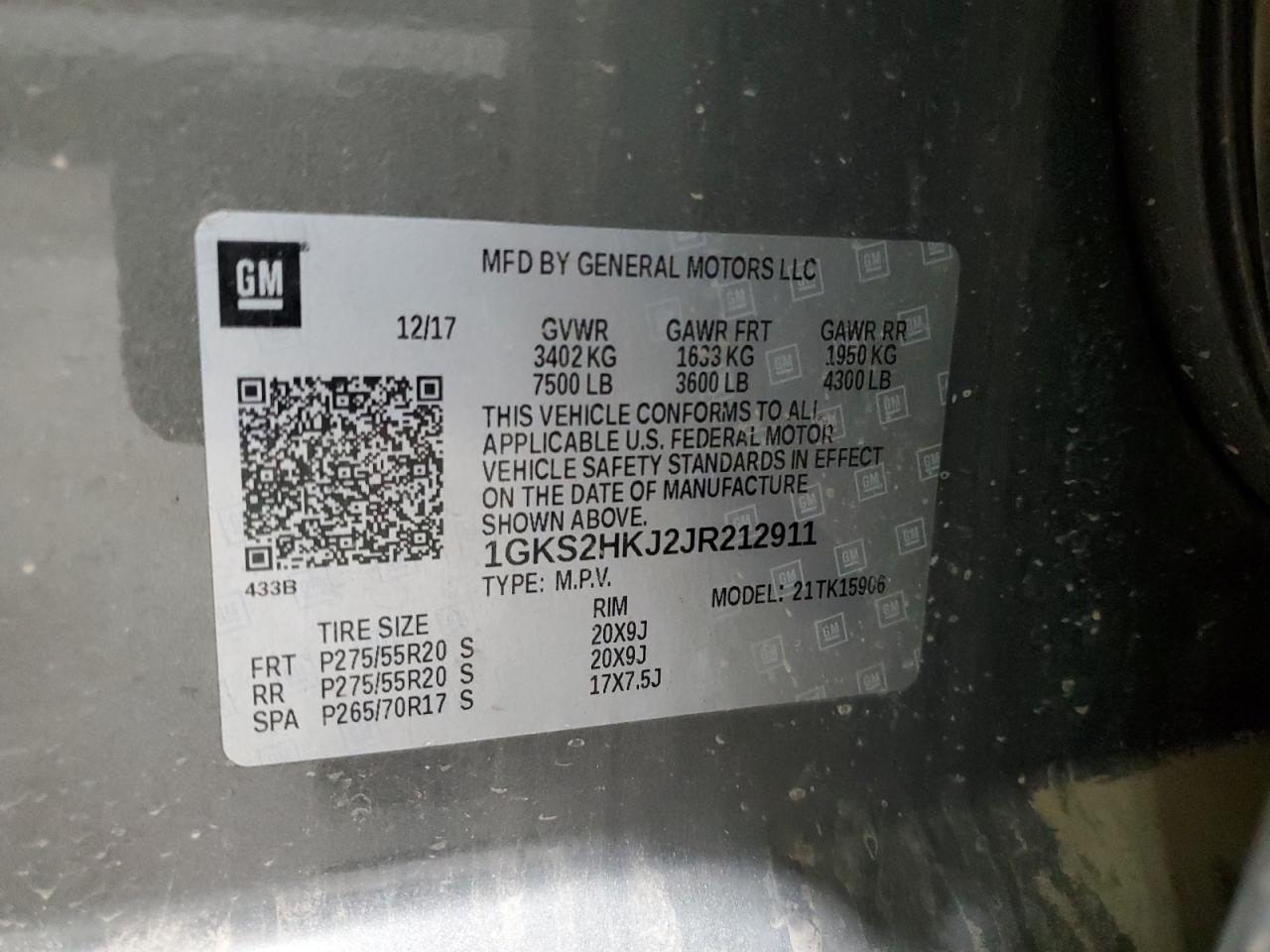 2018 GMC Yukon VIN 1GKS2HKJ2JR212911 Copart auction photo, front end / side damage thumbnail 13