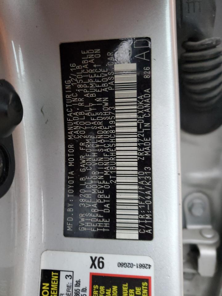2017 Toyota Corolla VIN 2T1BURHE5HC819573 Copart auction photo, front end / minor dent/scratches damage thumbnail 12