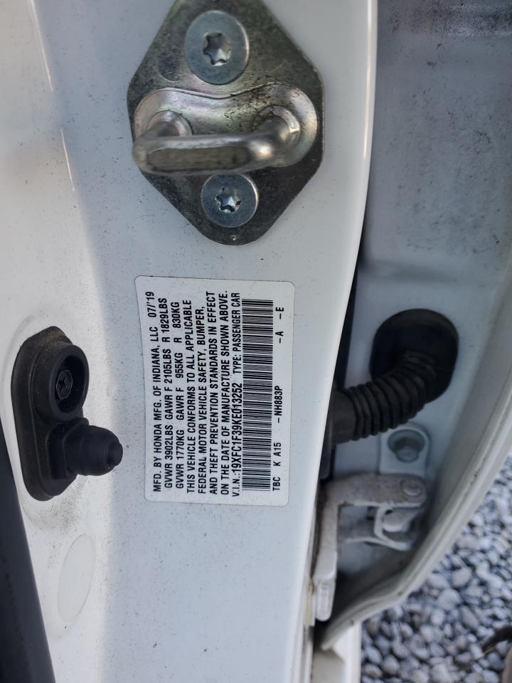 2019 Honda Civic VIN 19XFC1F39KE013252 Copart auction photo, front end / minor dent/scratches damage thumbnail 12
