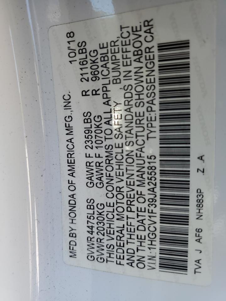 2018 Honda Accord VIN 1HGCV1F39JA255815 Copart auction photo, front end / side damage thumbnail 14