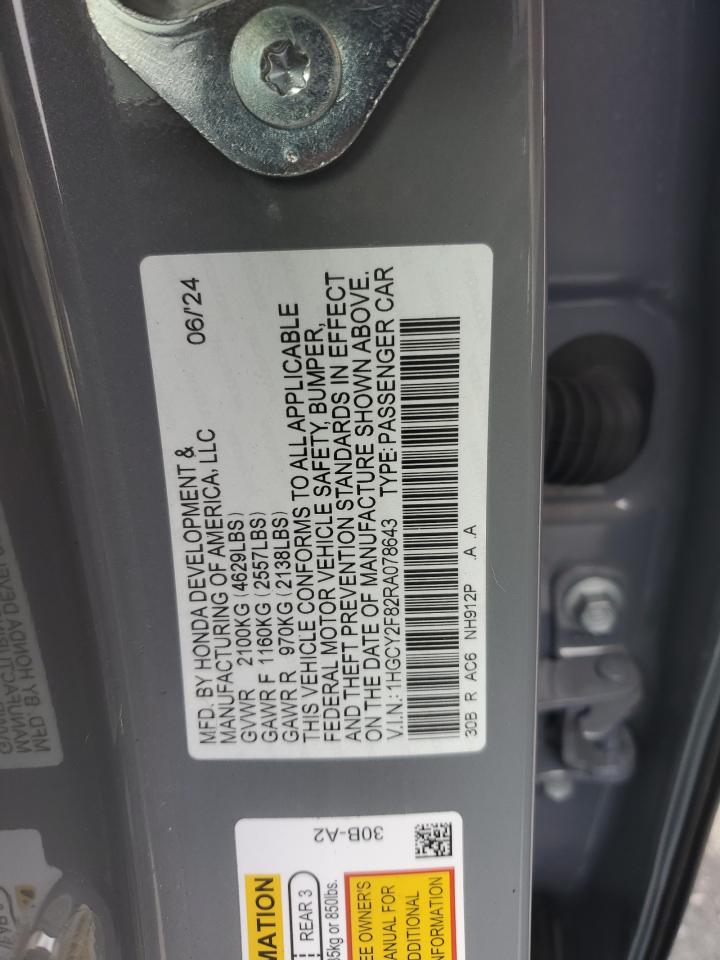 2024 Honda Accord VIN 1HGCY2F82RA078643 Copart auction photo, rear end damage thumbnail 13