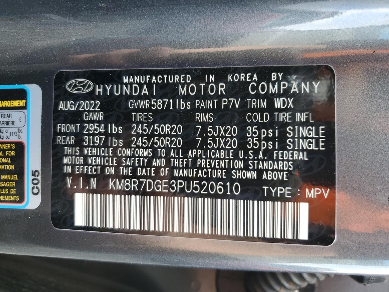 2023 Hyundai Palisade VIN KM8R7DGE3PU520610 Copart auction photo, side / front end damage thumbnail 13