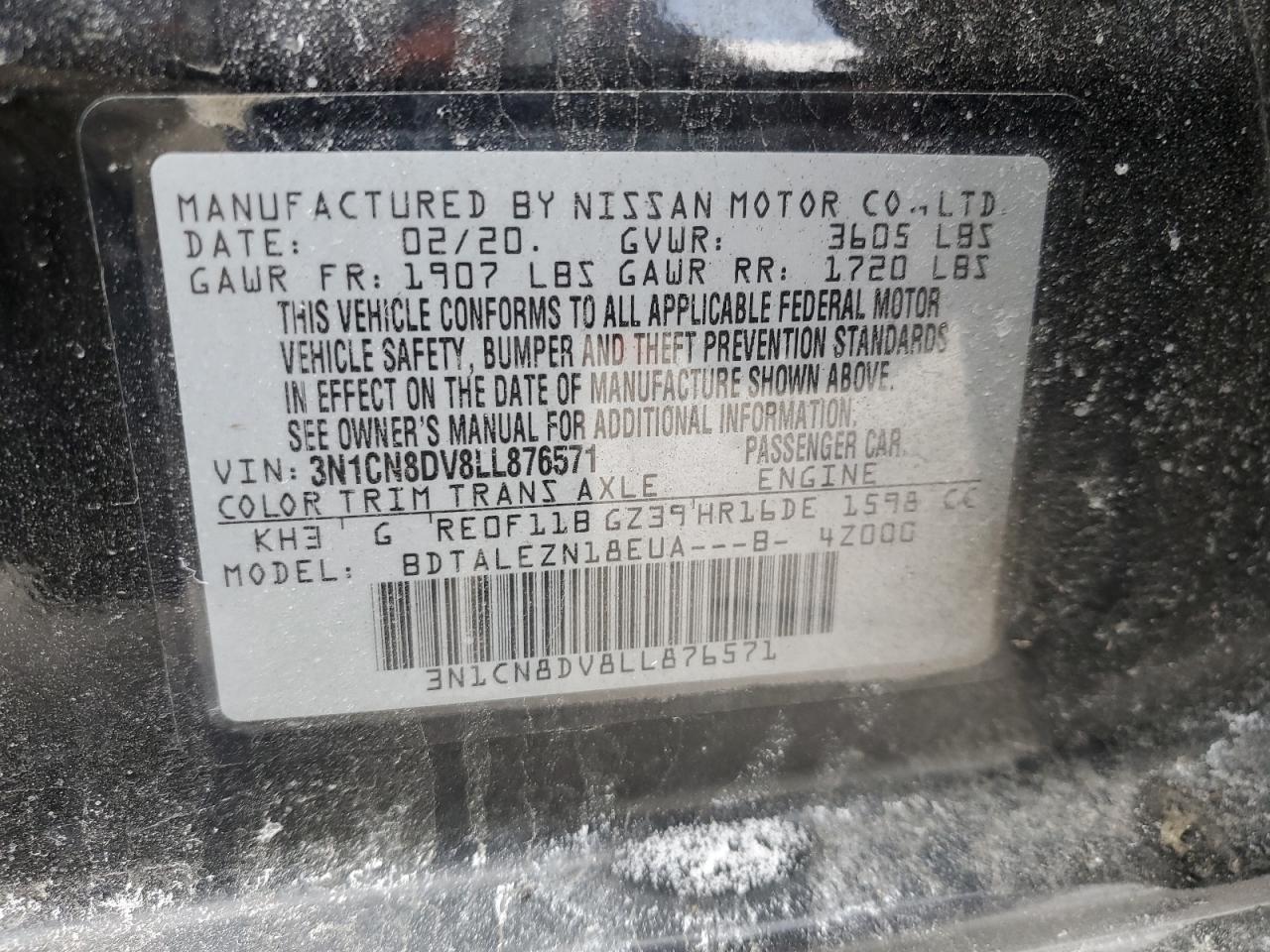 2020 Nissan Versa VIN 3N1CN8DV8LL876571 Copart auction photo, front end / side damage thumbnail 14