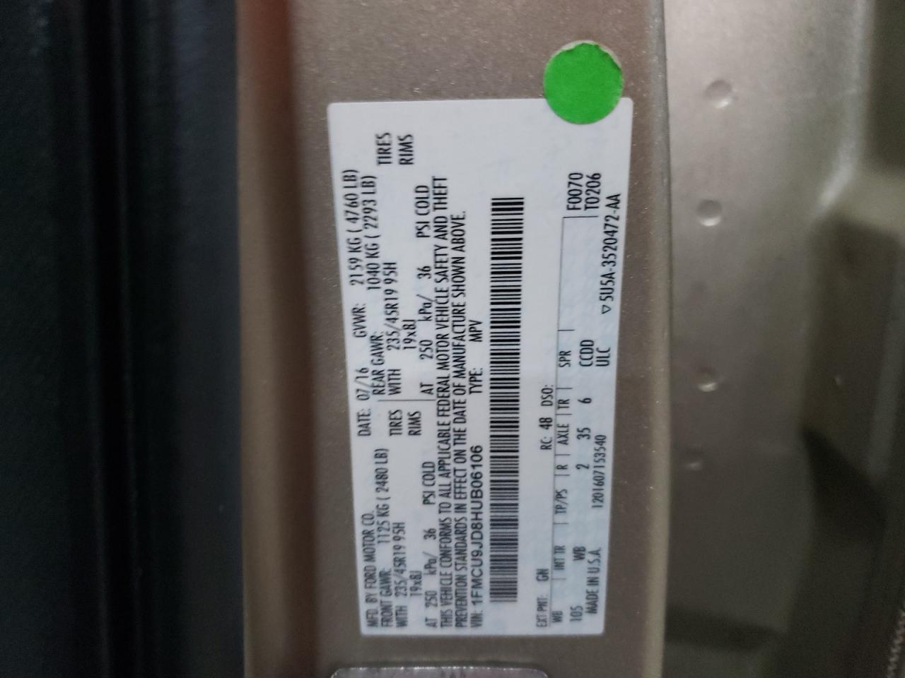 2017 Ford Escape VIN 1FMCU9JD8HUB06106 Copart auction photo, side / rear end damage thumbnail 13