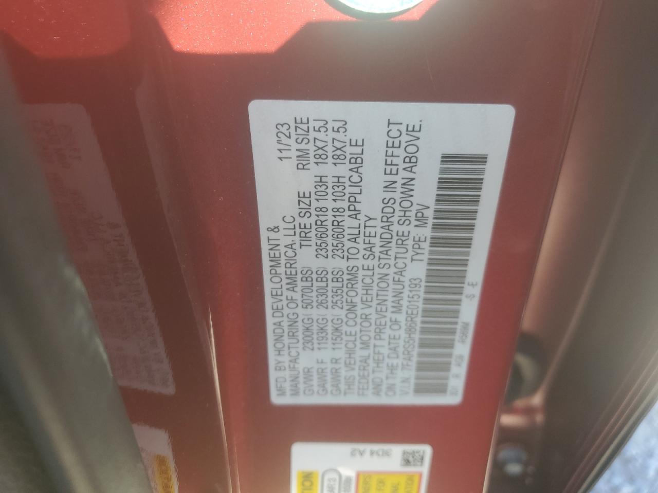 2024 Honda CR-V VIN 7FARS5H86RE015193 Copart auction photo, front end damage thumbnail 14