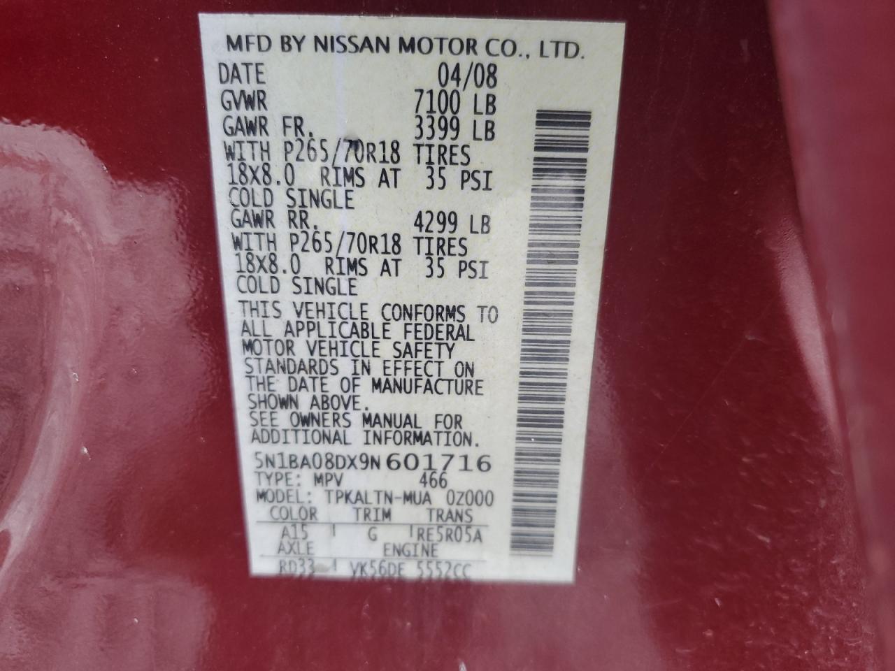 2009 Nissan Armada VIN 5N1BA08DX9N601716 Copart auction photo, burn - engine / side damage thumbnail 13