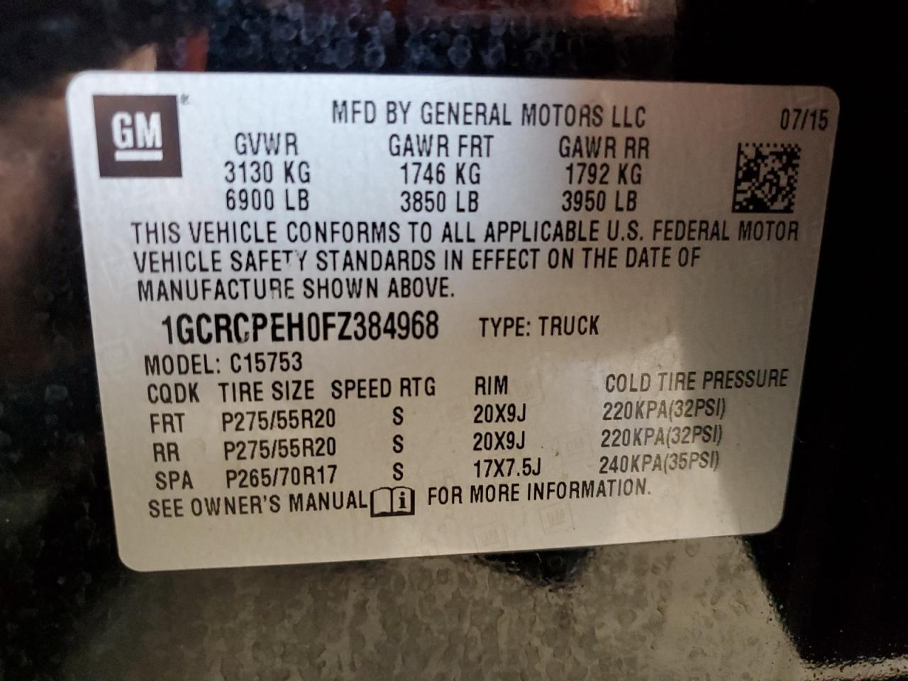 2015 Chevrolet Silverado VIN 1GCRCPEH0FZ384968 Copart auction photo, water/flood / side damage thumbnail 12