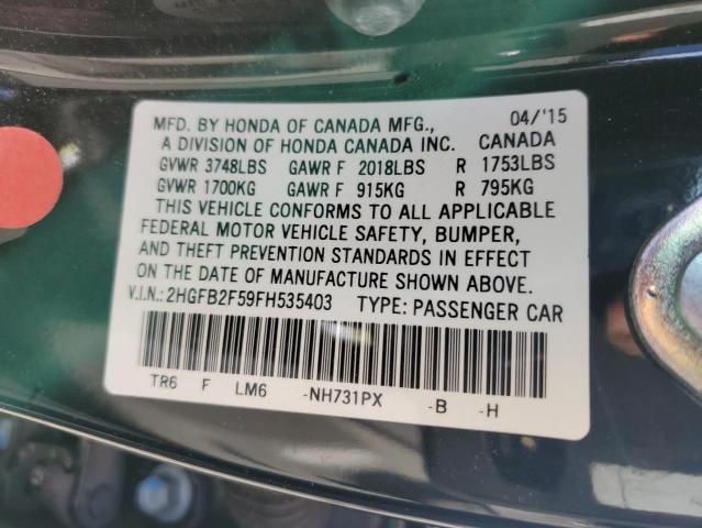 2015 Honda Civic VIN 2HGFB2F59FH535403 Copart auction photo, front end damage thumbnail 12