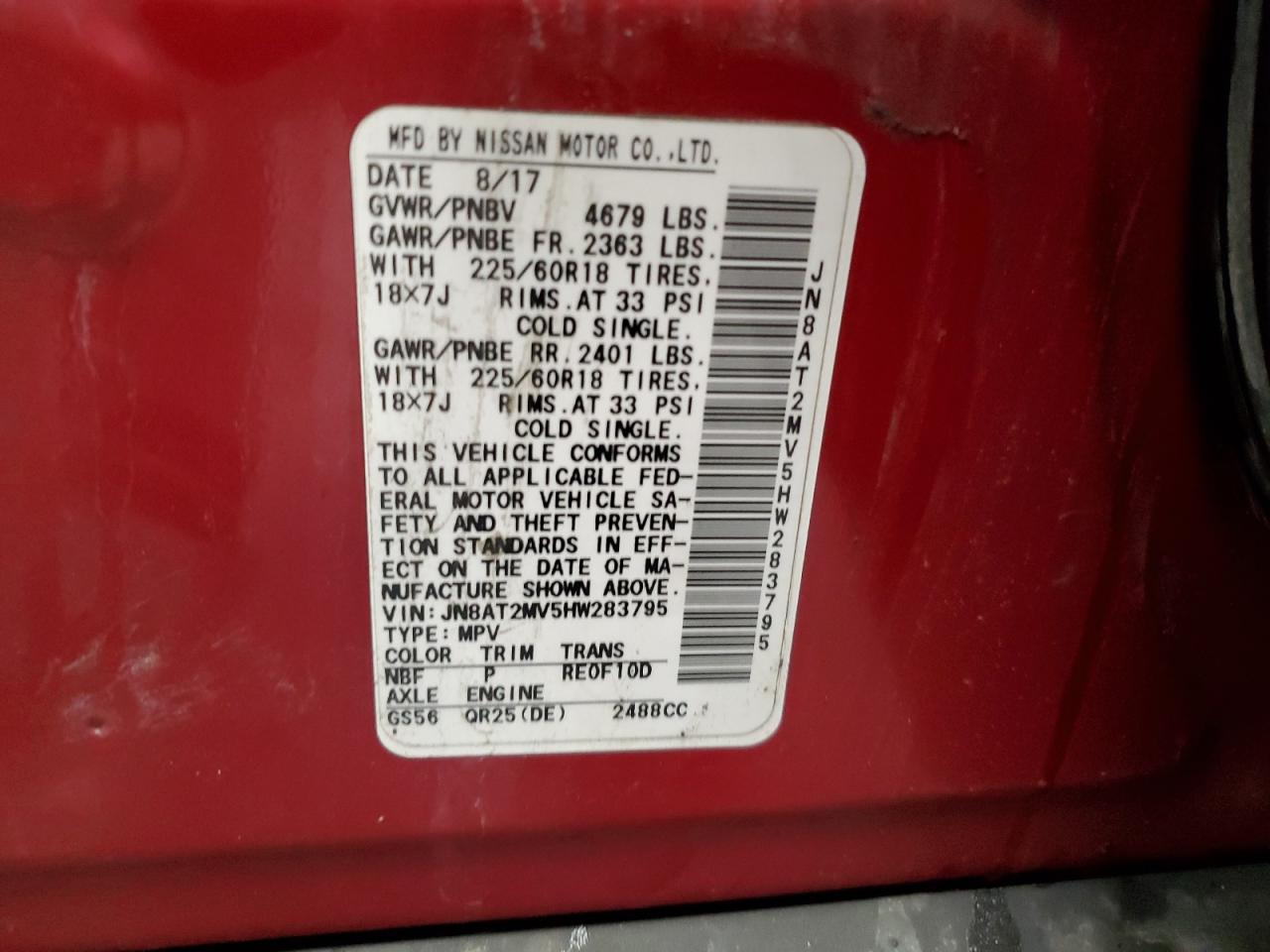 2017 Nissan Rogue VIN JN8AT2MV5HW283795 Copart auction photo, rear end / front end damage thumbnail 16