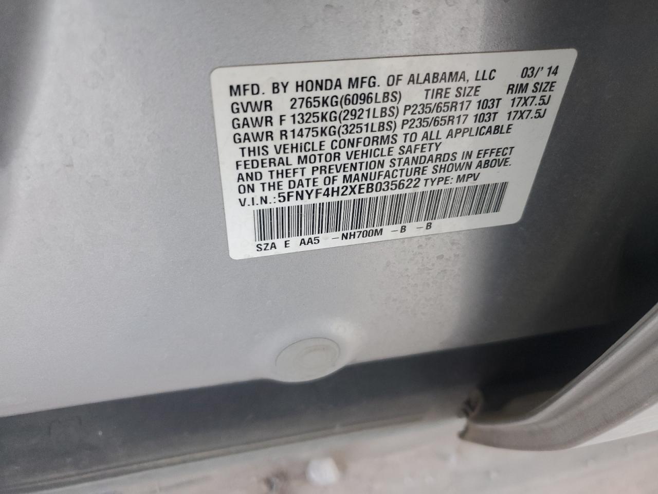 2014 Honda Pilot VIN 5FNYF4H2XEB035622 Copart auction photo, side damage thumbnail 12