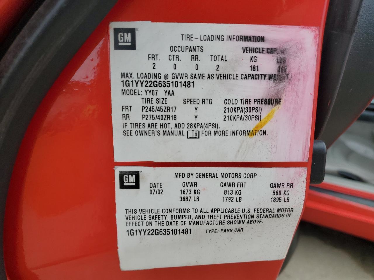 2003 Chevrolet Corvette VIN 1G1YY22G635101481 Copart auction photo, front end / rear end damage thumbnail 12