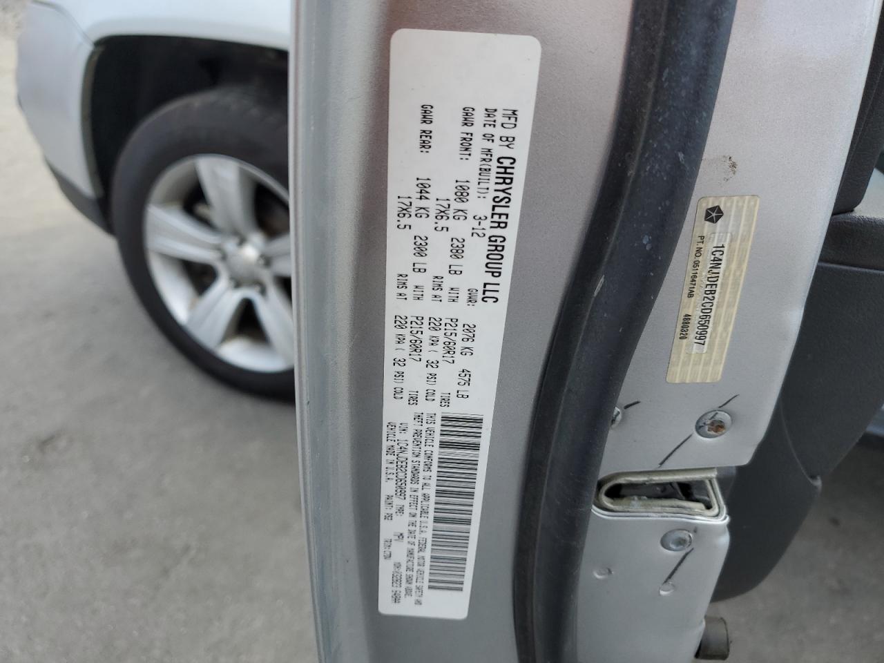 2012 Jeep Compass VIN 1C4NJDEB2CD650997 Copart auction photo, rear end damage thumbnail 15