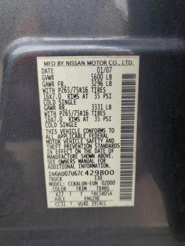 2007 Nissan Navara (Frontier) VIN 1N6AD07U67C429800 Copart auction photo, front end damage thumbnail 14