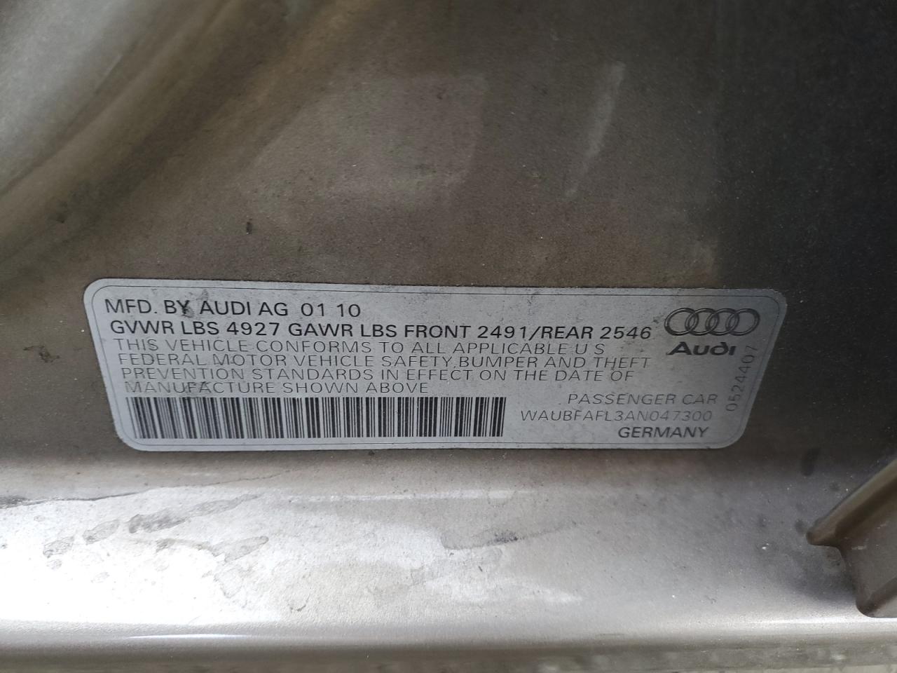 2010 Audi A4 VIN WAUBFAFL3AN047300 Copart auction photo, front end / side damage thumbnail 12