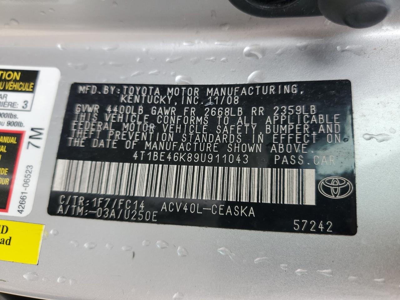 2009 Toyota Camry VIN 4T1BE46K89U911043 Copart auction photo, side / minor dent/scratches damage thumbnail 12