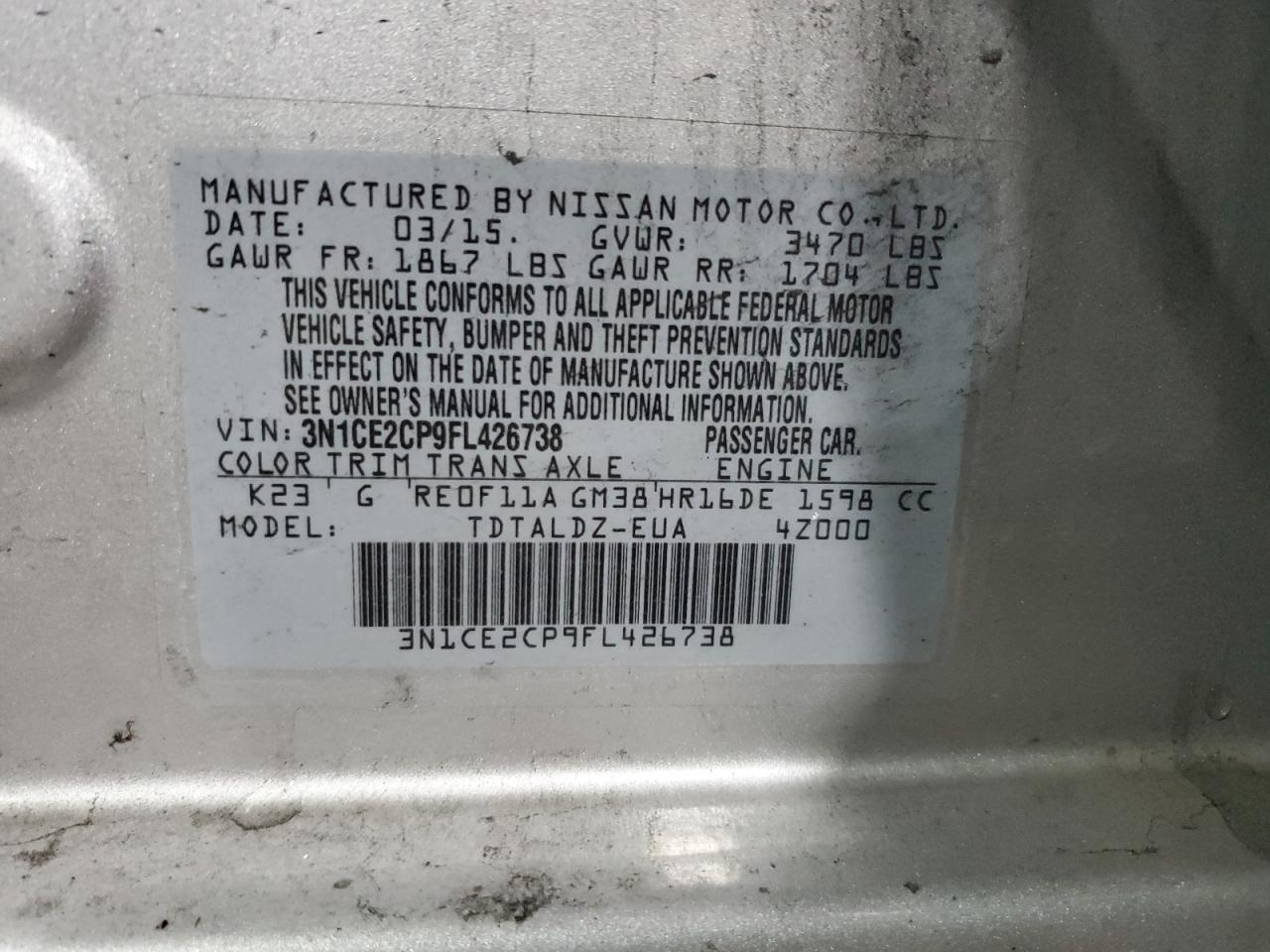 2015 Nissan Versa VIN 3N1CE2CP9FL426738 Copart auction photo, front end / side damage thumbnail 15