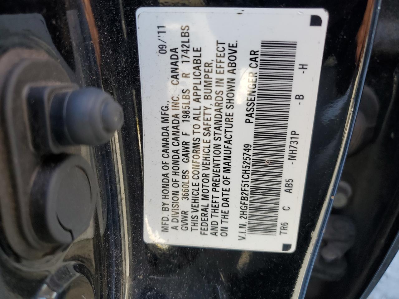 2012 Honda Civic VIN 2HGFB2F51CH525749 Copart auction photo, rear end / front end damage thumbnail 12