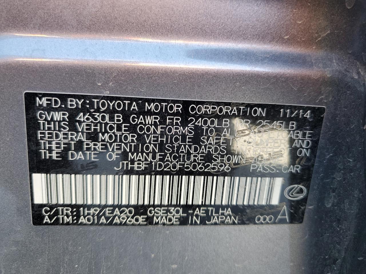 2015 Lexus IS VIN JTHBF1D20F5062596 Copart auction photo, front end / minor dent/scratches damage thumbnail 12