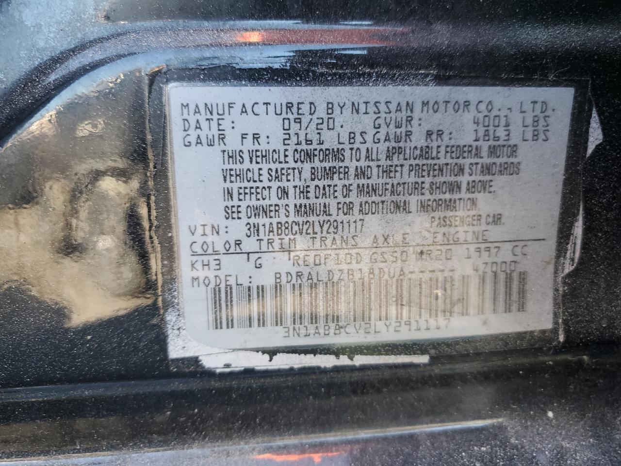 2020 Nissan Sentra VIN 3N1AB8CV2LY291117 Copart auction photo, front end damage thumbnail 14