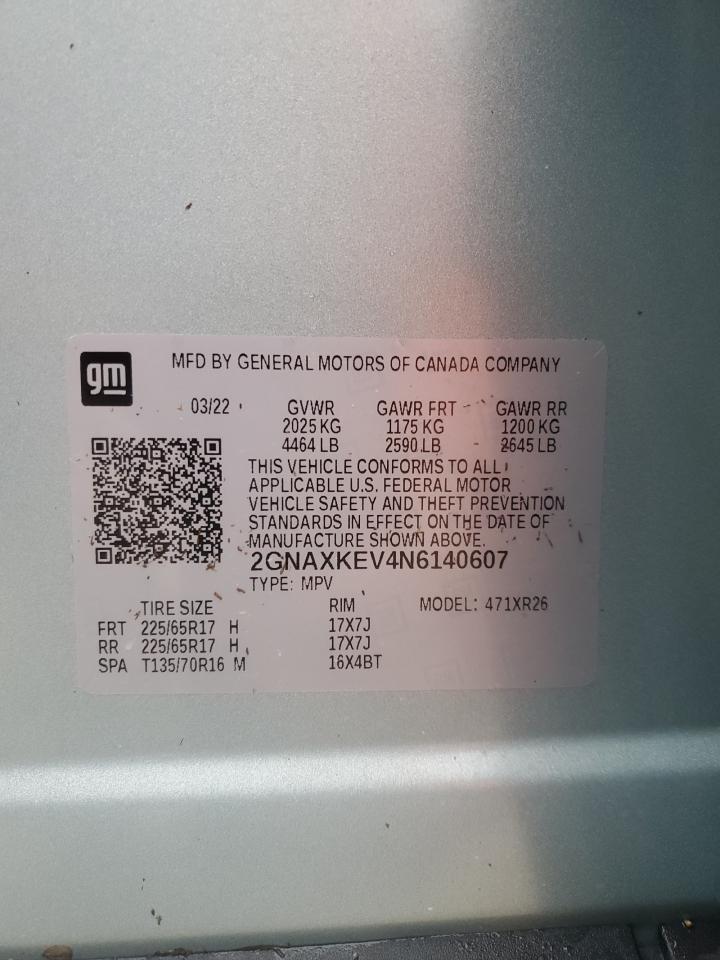 2022 Chevrolet Equinox VIN 2GNAXKEV4N6140607 Copart auction photo, water/flood damage thumbnail 14
