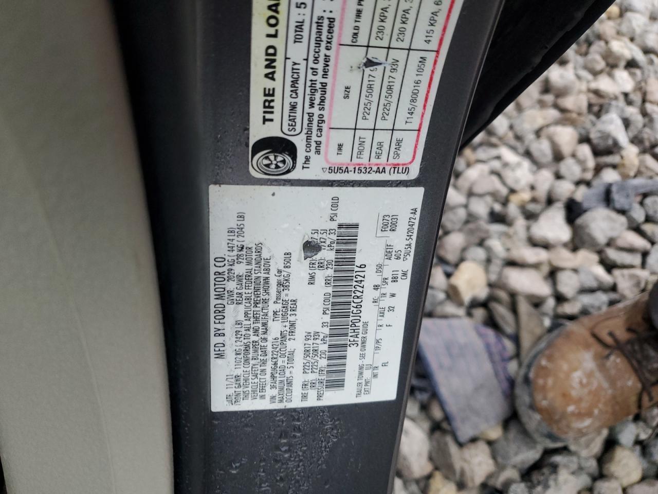 2012 Ford Fusion VIN 3FAHP0JG6CR224216 Copart auction photo, front end damage thumbnail 12