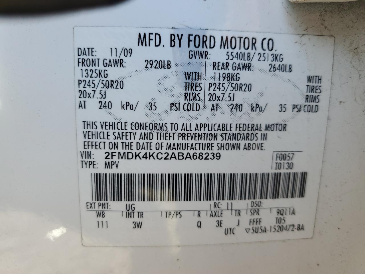 2010 Ford Edge VIN 2FMDK4KC2ABA68239 Copart auction photo, front end / minor dent/scratches damage thumbnail 13