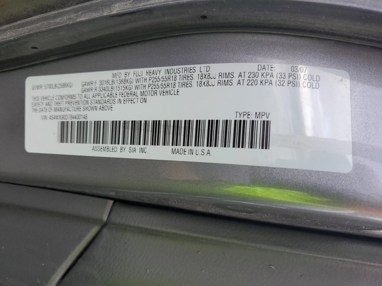 2008 Subaru Tribeca VIN 4S4WX90D784400148 Copart auction photo, side / front end damage thumbnail 13