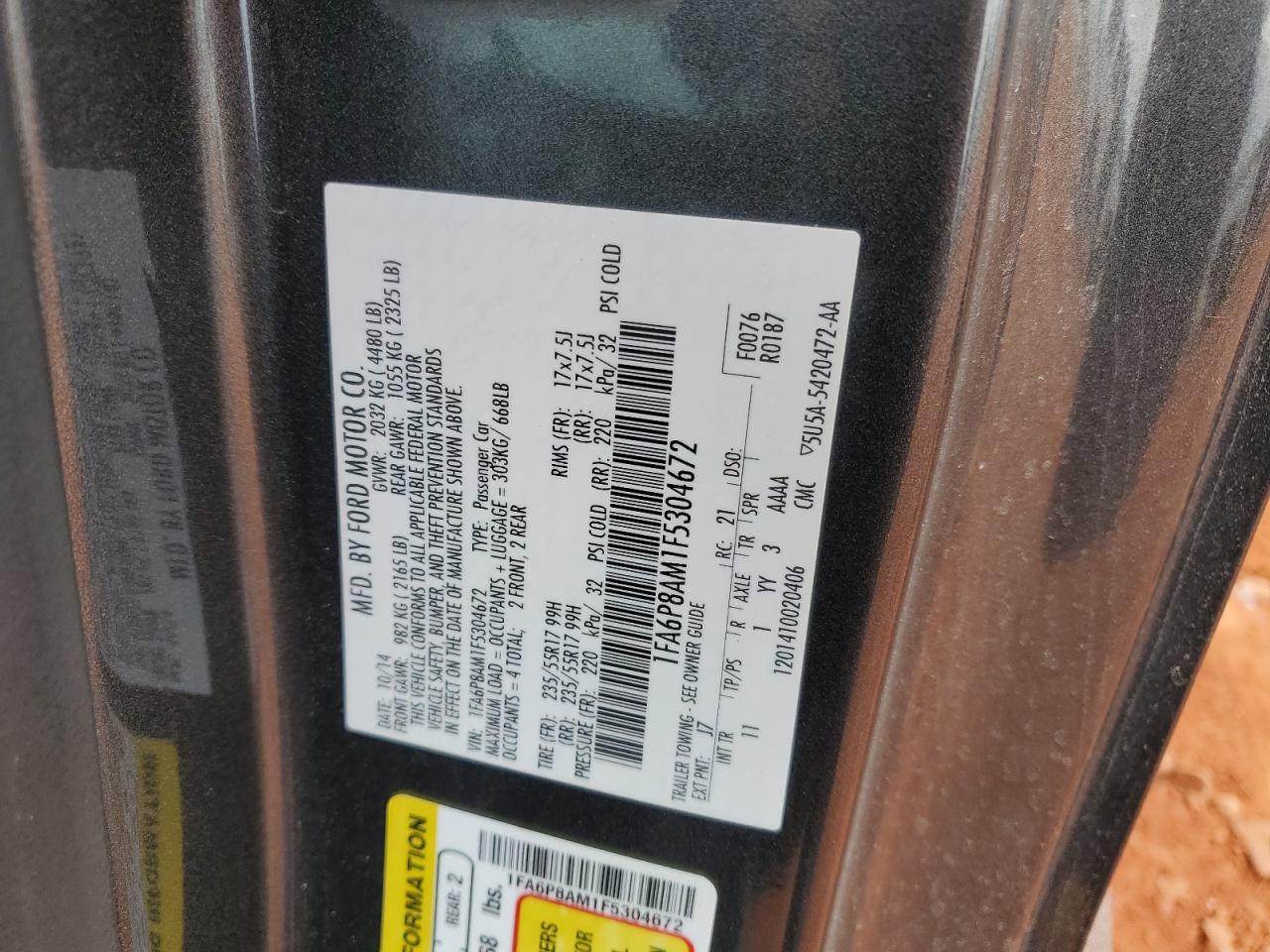 2015 Ford Mustang VIN 1FA6P8AM1F5304672 Copart auction photo, rear end damage thumbnail 14