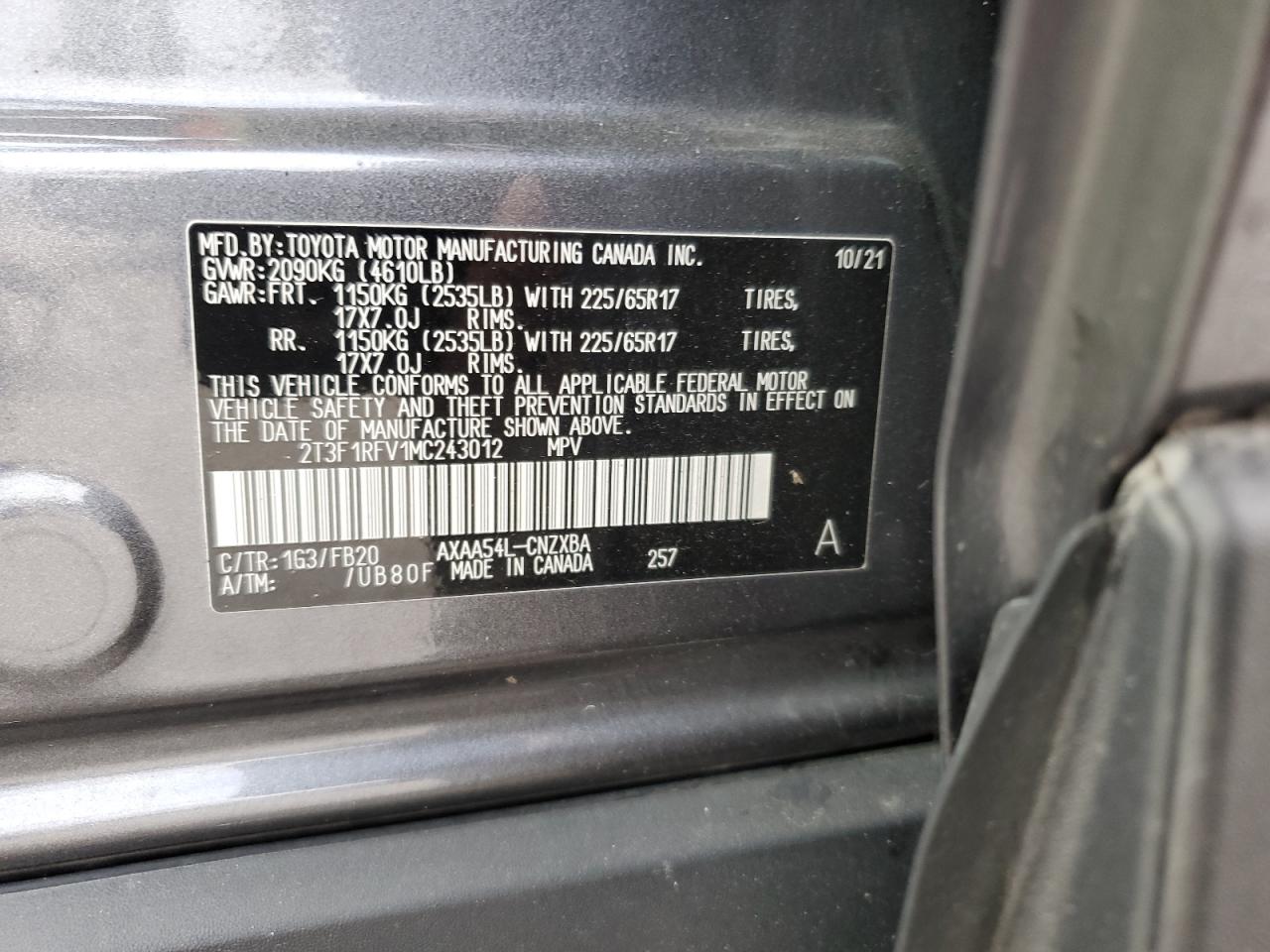 2021 Toyota RAV 4 VIN 2T3F1RFV1MC243012 Copart auction photo, front end / side damage thumbnail 15