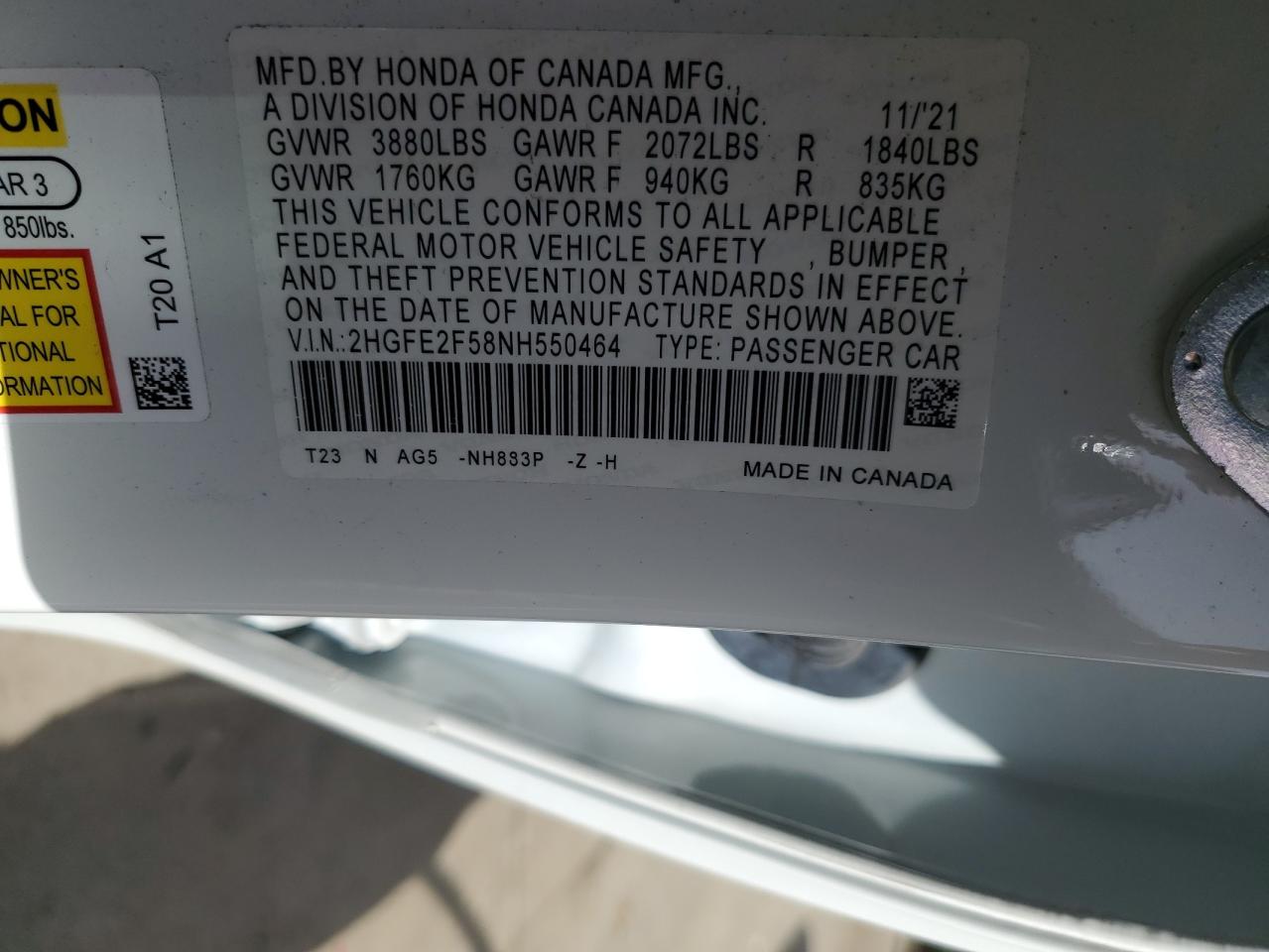 2022 Honda Civic VIN 2HGFE2F58NH550464 Copart auction photo, rear end damage thumbnail 15