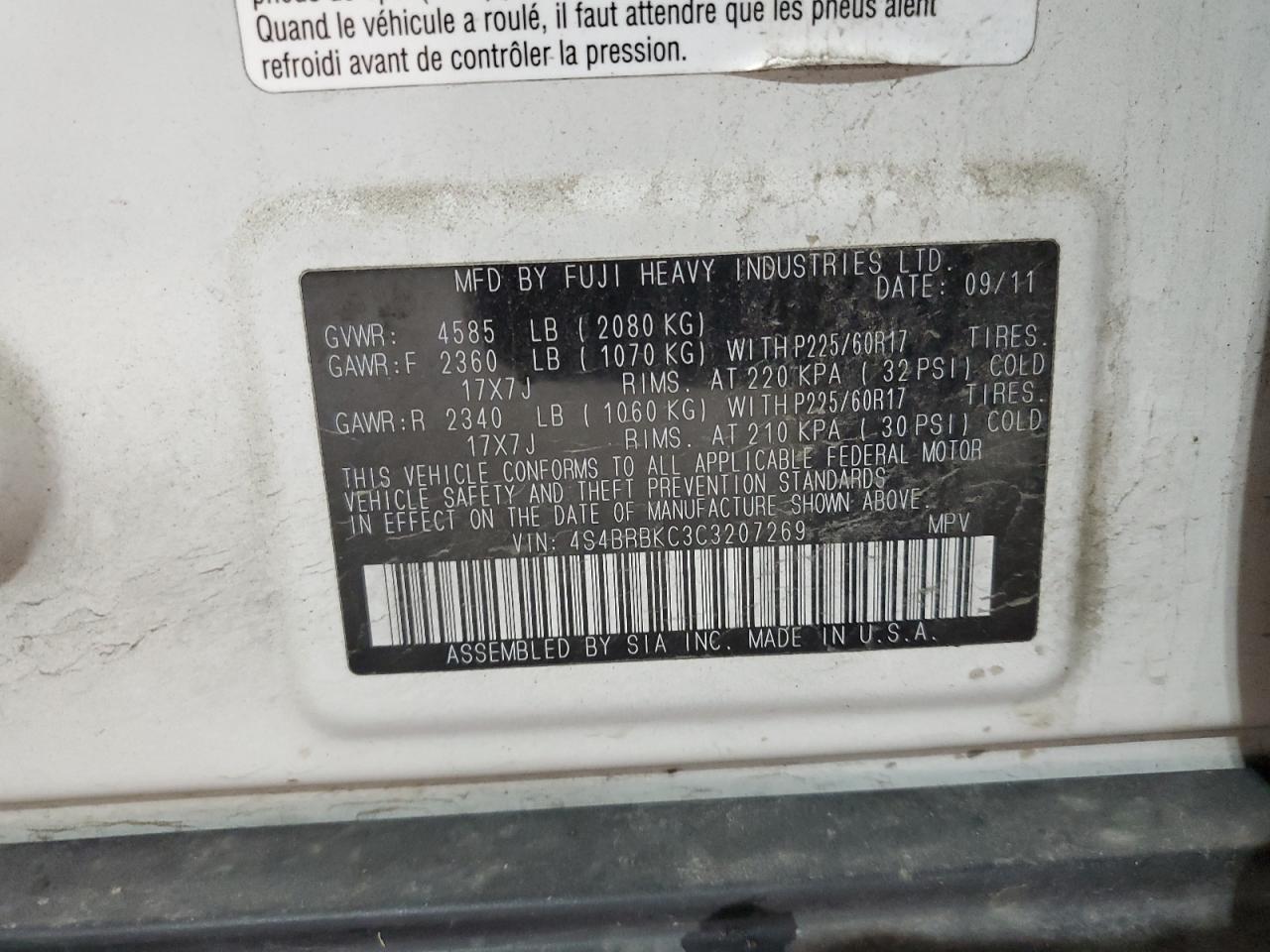 2012 Subaru Outback VIN 4S4BRBKC3C3207269 Copart auction photo, front end damage thumbnail 13