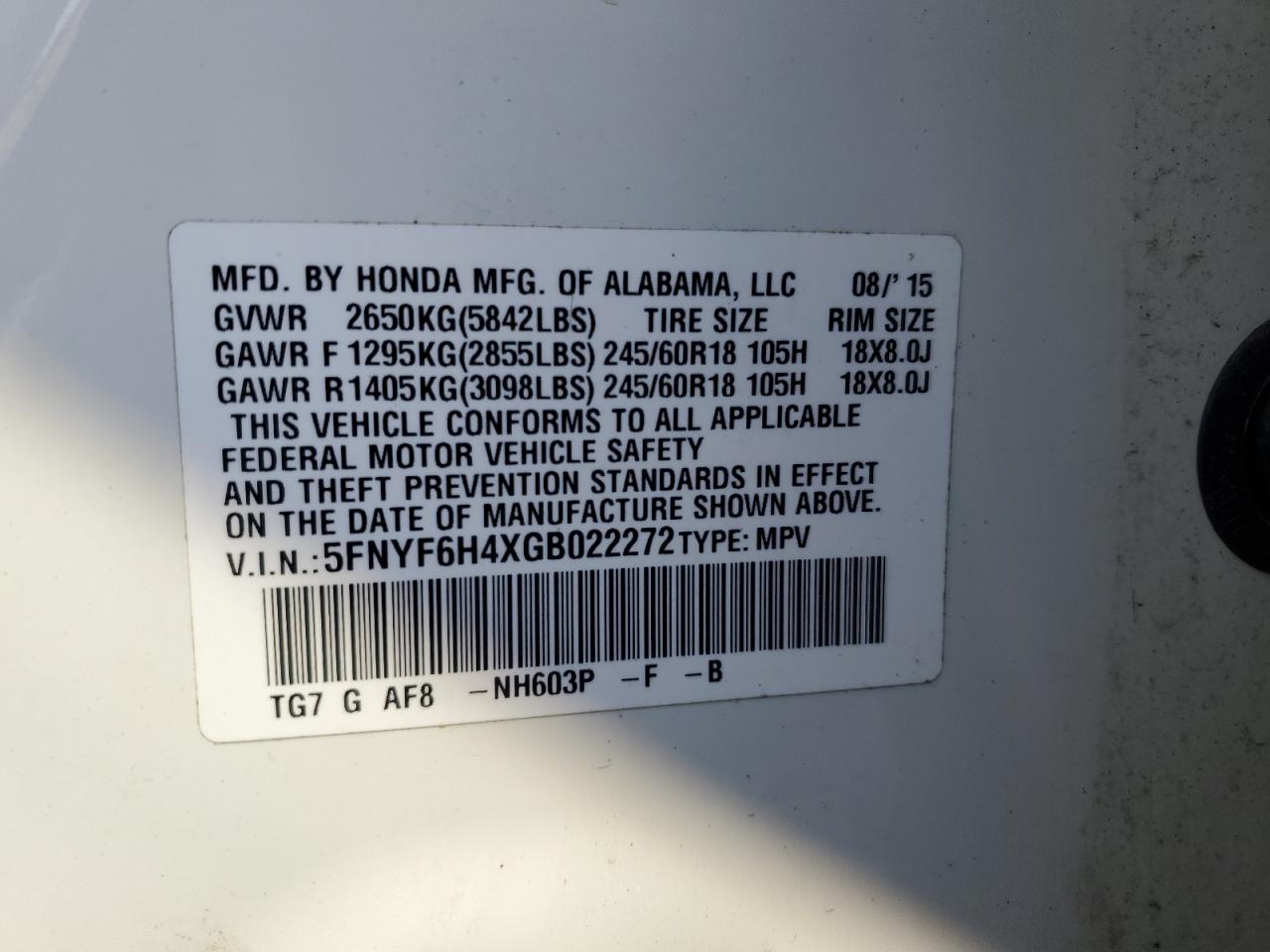 2016 Honda Pilot VIN 5FNYF6H4XGB022272 Copart auction photo, front end damage thumbnail 14