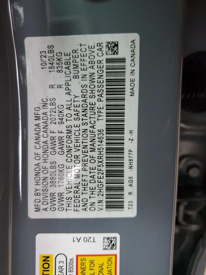 2024 Honda Civic VIN 2HGFE2F5XRH514636 Copart auction photo, front end damage thumbnail 14