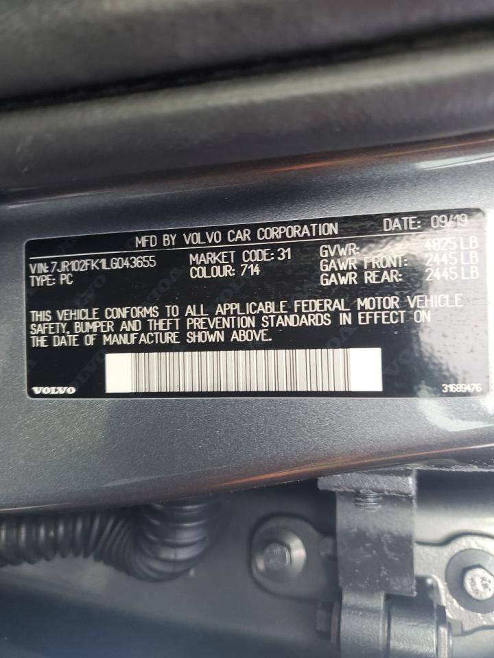 2020 Volvo S60 VIN 7JR102FK1LG043655 Copart auction photo, front end / rear end damage thumbnail 12