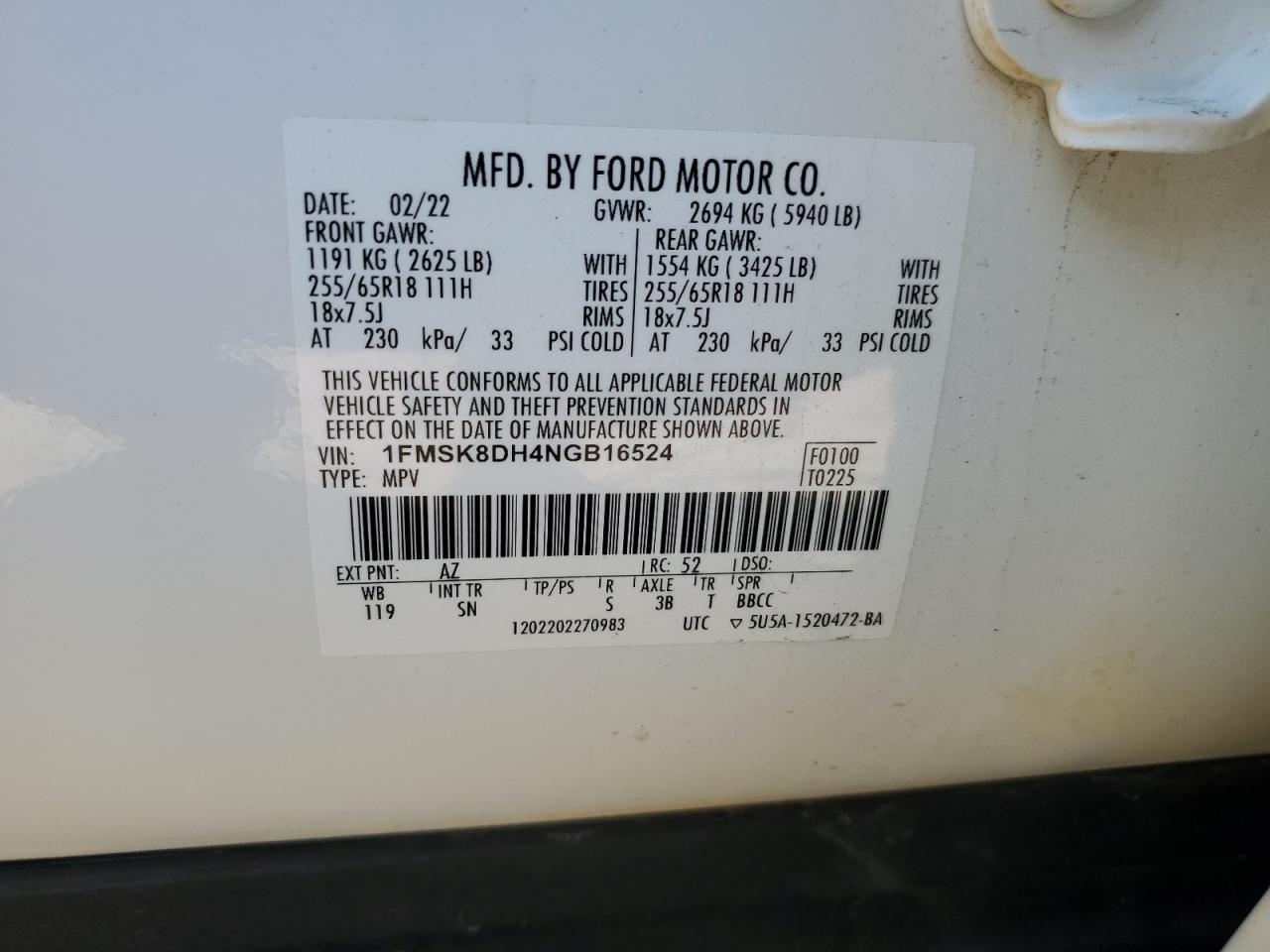 2022 Ford Explorer VIN 1FMSK8DH4NGB16524 Copart auction photo, all over / minor dent/scratches damage thumbnail 16