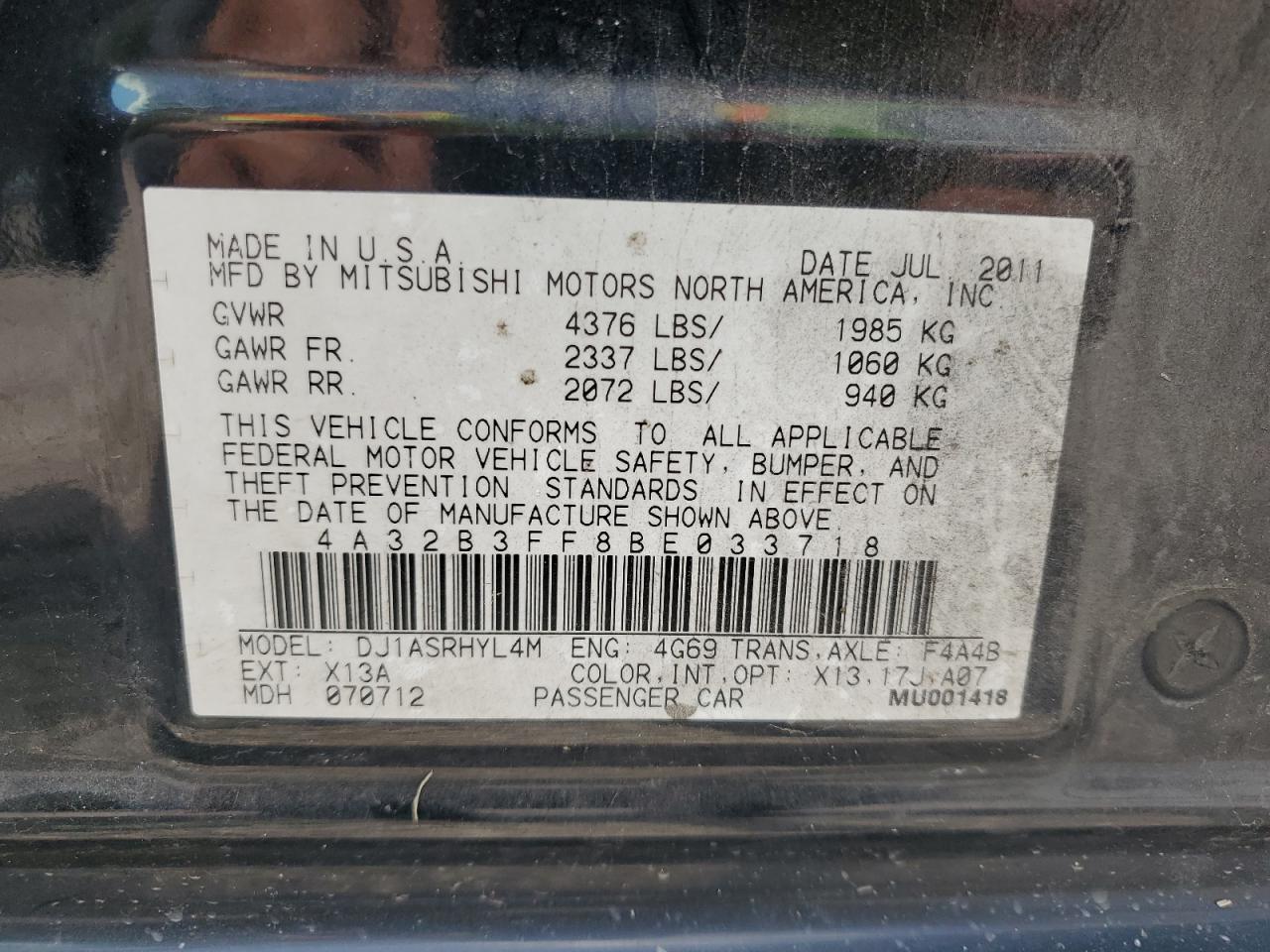 2011 Mitsubishi Galant VIN 4A32B3FF8BE033718 Copart auction photo, all over damage thumbnail 12