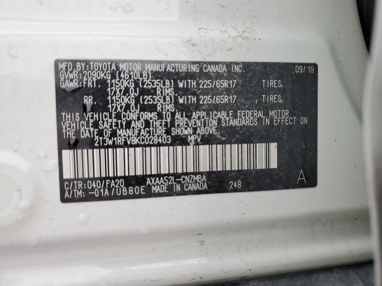 2019 Toyota RAV 4 VIN 2T3W1RFV8KC028403 Copart auction photo, all over / side damage thumbnail 14