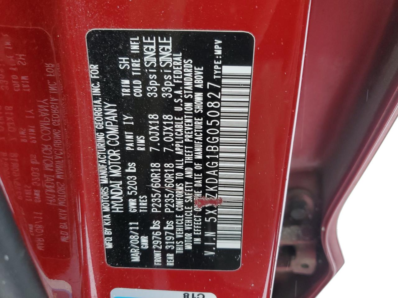 2011 Hyundai Santa Fe VIN 5XYZKDAG1BG050827 Copart auction photo, rear end damage thumbnail 13