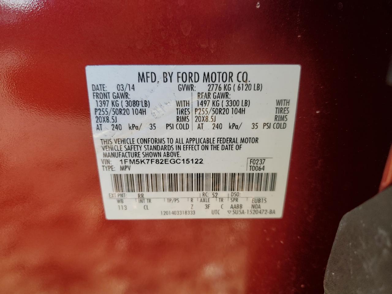 2014 Ford Explorer VIN 1FM5K7F82EGC15122 Copart auction photo, front end / rear end damage thumbnail 13