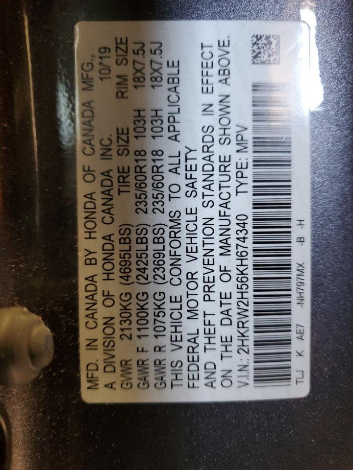 2019 Honda CR-V VIN 2HKRW2H56KH674340 Copart auction photo, front end / top/roof damage thumbnail 14