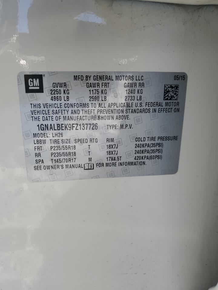 2015 Chevrolet Equinox VIN 1GNALBEK9FZ137726 Copart auction photo, front end damage thumbnail 15