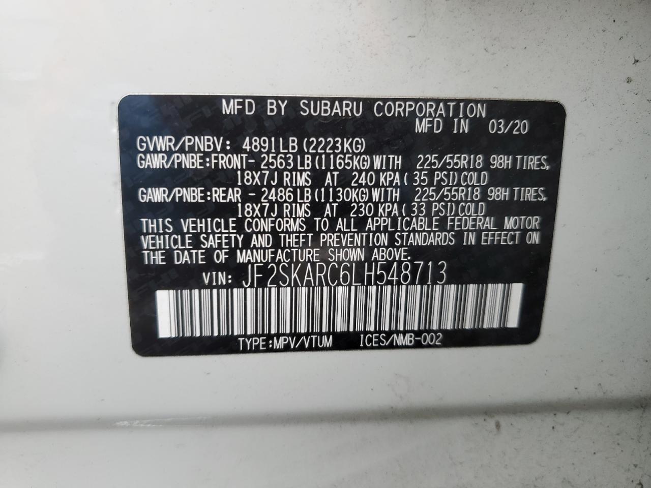 2020 Subaru Forester VIN JF2SKARC6LH548713 Copart auction photo, front end damage thumbnail 12