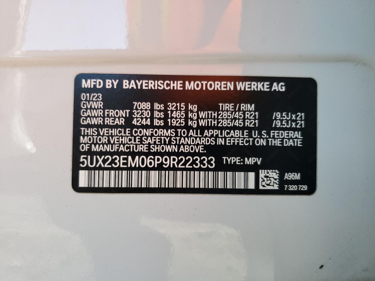 2023 BMW X7 VIN 5UX23EM06P9R22333 Copart auction photo, side / front end damage thumbnail 15