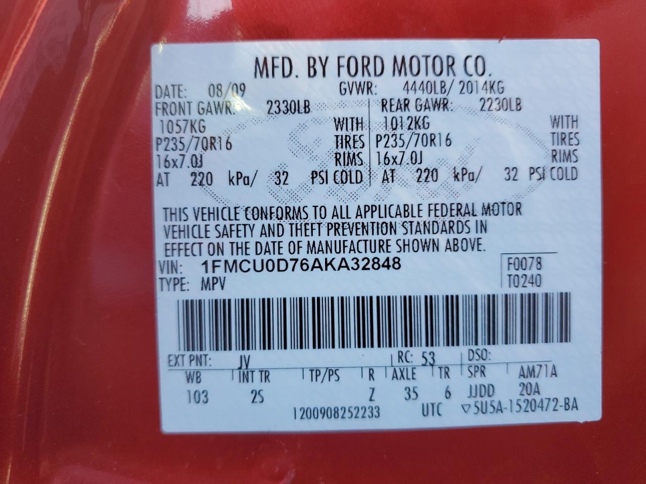 2010 Ford Escape VIN 1FMCU0D76AKA32848 Copart auction photo, front end / rear end damage thumbnail 12