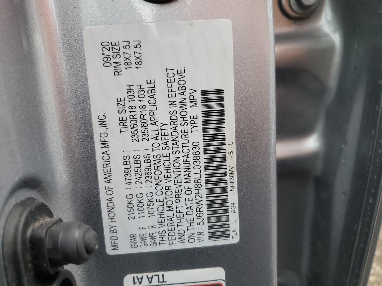 2020 Honda CR-V VIN 5J6RW2H88LL038830 Copart auction photo, front end damage thumbnail 13