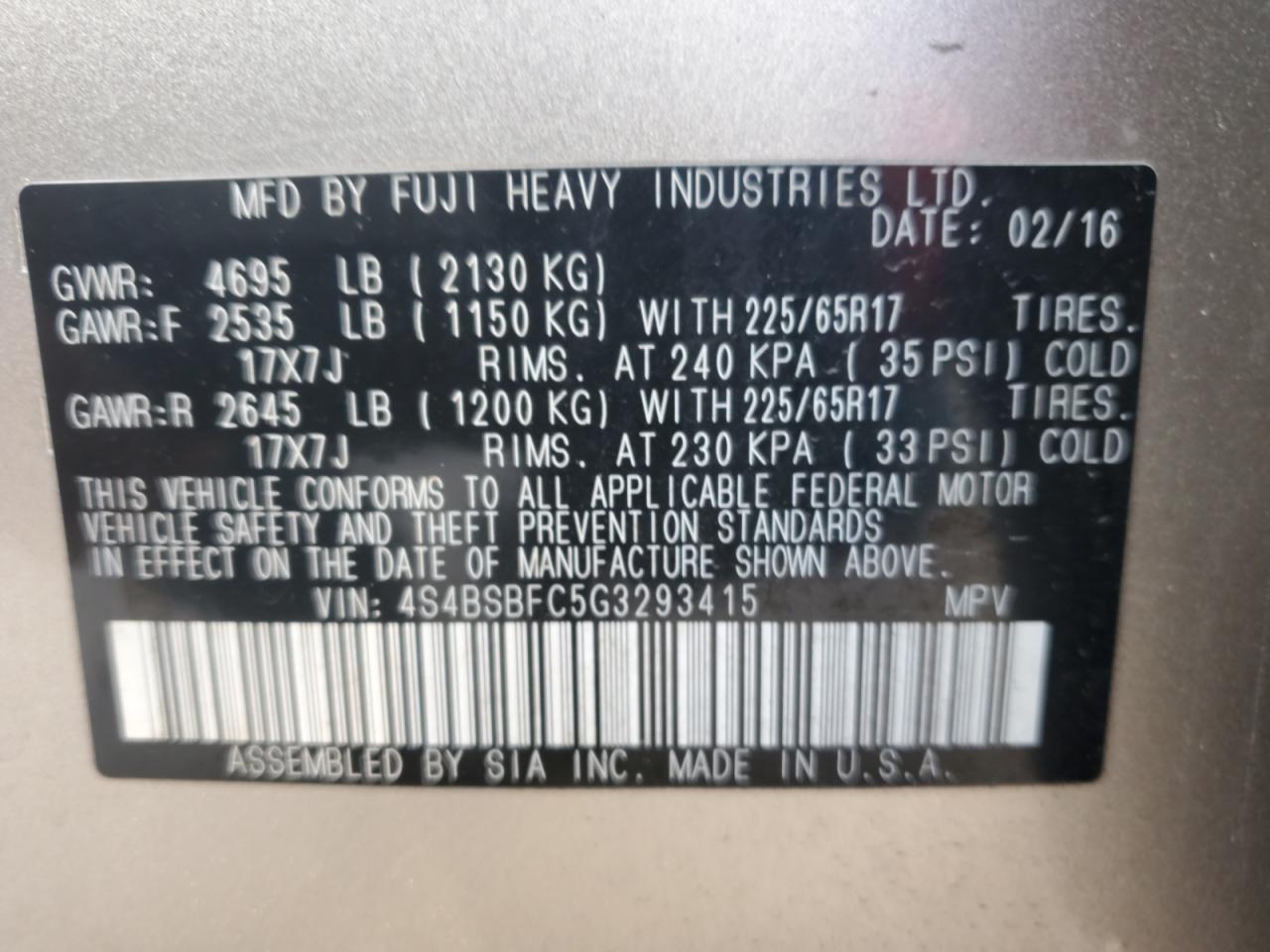 2016 Subaru Outback VIN 4S4BSBFC5G3293415 Copart auction photo, burn / front end damage thumbnail 13
