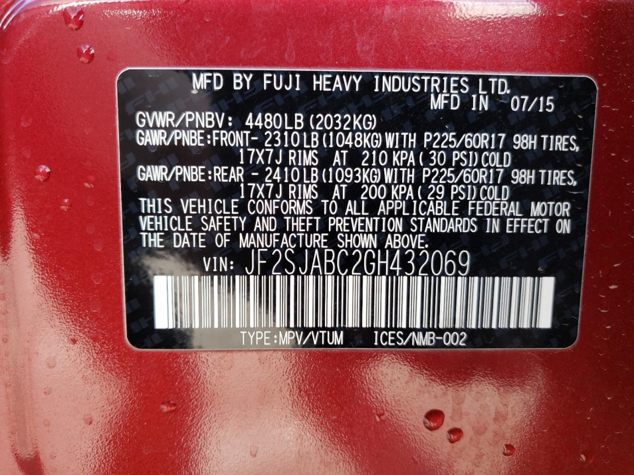 2016 Subaru Forester VIN JF2SJABC2GH432069 Copart auction photo, rear end / front end damage thumbnail 14
