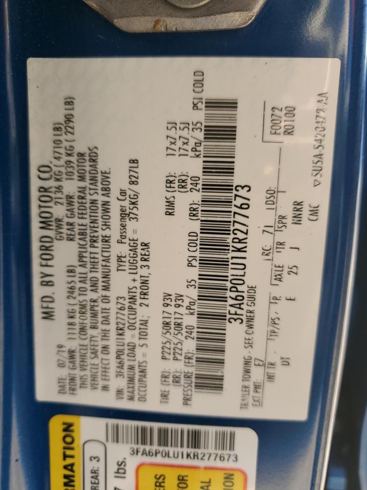 2019 Ford Fusion VIN 3FA6P0LU1KR277673 Copart auction photo, front end damage thumbnail 12